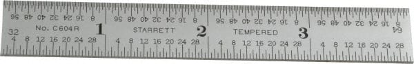 Starrett - 4" Long, 1/64, 1/32, 1/16, 1/8" Graduation, Rigid Spring Steel Rule - 4R Graduation Style, 5/8" Wide, Silver, Satin Chrome Finish - Exact Tooling