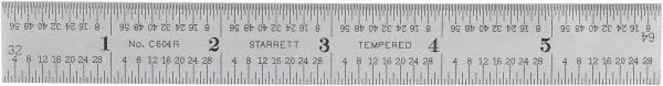 Starrett - 6" Long, 1/64, 1/32, 1/16, 1/8" Graduation, Rigid Spring Steel Rule - 4R Graduation Style, 3/4" Wide, Silver, Satin Chrome Finish - Exact Tooling
