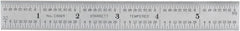 Starrett - 6" Long, 1/64, 1/32, 1/16, 1/8" Graduation, Rigid Spring Steel Rule - 4R Graduation Style, 3/4" Wide, Silver, Satin Chrome Finish - Exact Tooling