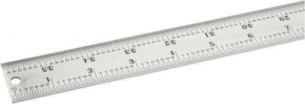 Starrett - 36" Long, 1/64, 1/32, 1/16, 1/8" Graduation, Rigid Spring Steel Rule - 4R Graduation Style, 1-1/4" Wide, Silver, Satin Chrome Finish - Exact Tooling