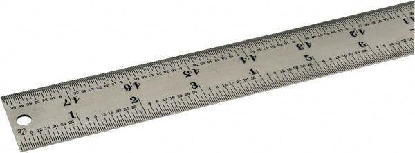 Starrett - 48" Long, 1/64, 1/32, 1/16, 1/8" Graduation, Rigid Spring Steel Rule - 4R Graduation Style, 1-1/4" Wide, Silver, Satin Chrome Finish - Exact Tooling
