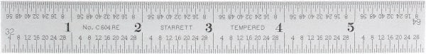Starrett - 6" Long, 1/64, 1/32, 1/16, 1/8" Graduation, Rigid Spring Steel Rule - 4R Graduation Style, 3/4" Wide, Silver, Satin Chrome Finish - Exact Tooling