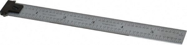 Starrett - 6" Long, 1/64, 1/32, 1/16, 1/8" Graduation, Rigid Spring Steel Rule - 4R Graduation Style, 3/4" Wide, Silver, Satin Chrome Finish - Exact Tooling