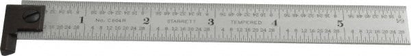 Starrett - 6" Long, 1/64, 1/32, 1/16, 1/8" Graduation, Rigid Spring Steel Rule - 4R Graduation Style, 3/4" Wide, Silver, Satin Chrome Finish - Exact Tooling