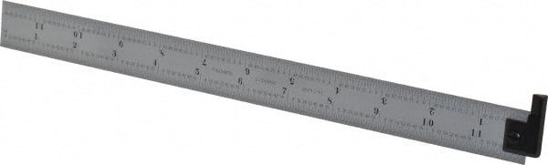 Starrett - 12" Long, 1/64, 1/32, 1/16, 1/8" Graduation, Rigid Spring Steel Rule - 4R Graduation Style, 1" Wide, Silver, Satin Chrome Finish - Exact Tooling
