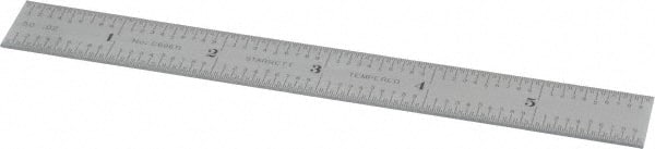 Starrett - 6" Long, 1/50, 1/10" Graduation, Rigid Spring Steel Rule - 6R Graduation Style, 3/4" Wide, Silver, Satin Chrome Finish - Exact Tooling