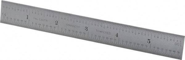 Starrett - 6" Long, 1/100, 1/64, 1/32, 1/16" Graduation, Rigid Spring Steel Rule - 7R Graduation Style, 3/4" Wide, Silver, Satin Chrome Finish - Exact Tooling