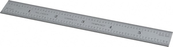 Starrett - 6" Long, 1/100, 1/64, 1/50, 1/32" Graduation, Rigid Spring Steel Rule - 16R Graduation Style, 3/4" Wide, Silver, Satin Chrome Finish - Exact Tooling
