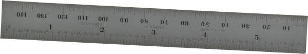 Starrett - 5-3/4" Long, 1/64, 1/32" and 0.5, 1mm Graduation, Rigid Spring Steel Rule - English/Metric Graduation Style, 3/4" Wide, Silver, Satin Chrome Finish - Exact Tooling