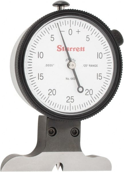 Starrett - 0 to 1/8 Inch Range, Ground Steel, White Dial Depth Gage - 0.0005 Inch Graduation, 0.001 Inch Accuracy, 2-1/2 Inch Base Measuring Length - Exact Tooling