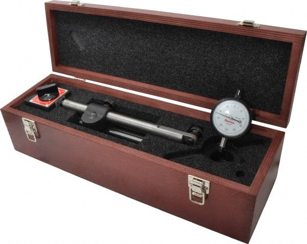Starrett - 0.01mm Graduation, 0-25-0 Dial Reading, Dial Indicator & Base Kit - 3-1/2" Base Length x 3" Base Width x 3" Base Height x 5" Base Diam, 2-1/4" Dial Diam - Exact Tooling