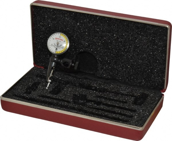 Starrett - 3 Piece, 0" to 0.03" Measuring Range, 15/16" Dial Diam, 0-15-0 Dial Reading, White & Yellow Dial Test Indicator Kit - 5/32" Contact Point Length, 3mm Ball Diam, 0.001" Dial Graduation - Exact Tooling
