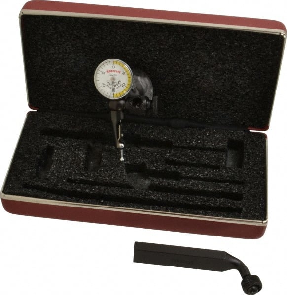 Starrett - 3 Piece, 0" to 0.03" Measuring Range, 15/16" Dial Diam, 0-15-0 Dial Reading, White & Yellow Dial Test Indicator Kit - 5/32" Contact Point Length, 3mm Ball Diam, 0.001" Dial Graduation - Exact Tooling