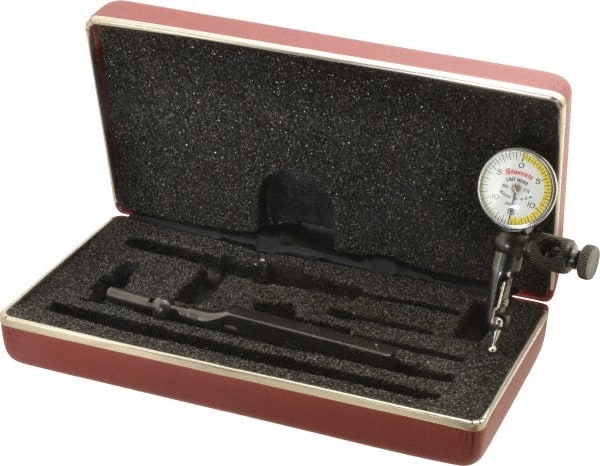 Starrett - 4 Piece, 0" to 0.03" Measuring Range, 15/16" Dial Diam, 0-15-0 Dial Reading, White & Yellow Dial Test Indicator Kit - 5/32" Contact Point Length, 3mm Ball Diam, 0.0005" Dial Graduation - Exact Tooling
