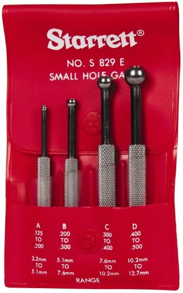 Starrett - 1/8 to 1/2 Inch Measurement, Small Hole Gage Set - 2-7/8, 3, 3-3/8 and 3-1/2 Inch Long, Full Ball, Includes Case - Exact Tooling