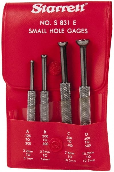 Starrett - 1/8 to 1/2 Inch Measurement, Small Hole Gage Set - 2-13/16, 3-1/8, 3-3/8 and 3-1/2 Inch Long, Half Ball, Includes Case - Exact Tooling