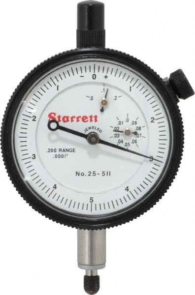 Starrett - 0.2" Range, 0-5-0 Dial Reading, 0.0001" Graduation Dial Drop Indicator - 2-1/4" Dial, 0.01" Range per Revolution, Revolution Counter - Exact Tooling