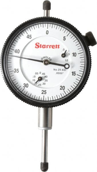 Starrett - 1" Range, 0-50 Dial Reading, 0.0005" Graduation Dial Drop Indicator - 2-1/4" Dial, 0.05" Range per Revolution, Revolution Counter - Exact Tooling