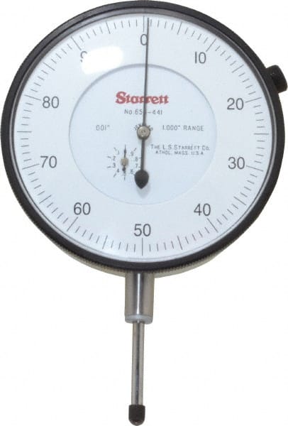 Starrett - 1" Range, 0-100 Dial Reading, 0.001" Graduation Dial Drop Indicator - 3-5/8" Dial, 0.1" Range per Revolution - Exact Tooling