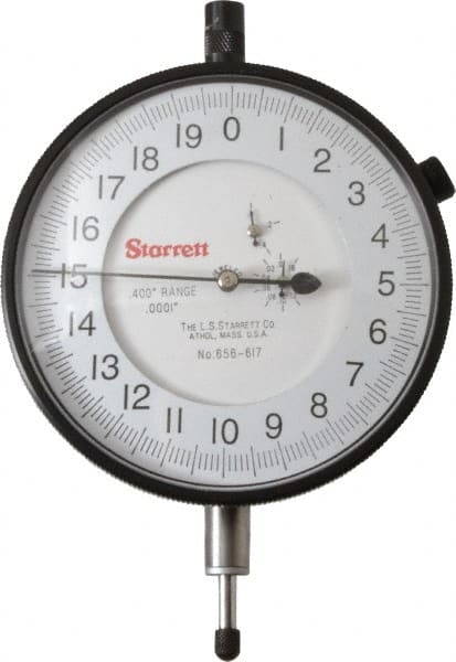Starrett - 0.4" Range, 0-20 Dial Reading, 0.0001" Graduation Dial Drop Indicator - 3-5/8" Dial, 0.02" Range per Revolution - Exact Tooling