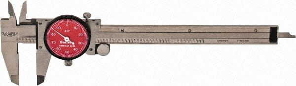 Starrett - 0" to 6" Range, 0.001" Graduation, 0.1" per Revolution, Dial Caliper - Red Face, 1-1/2" Jaw Length, Accurate to 0.0010" - Exact Tooling
