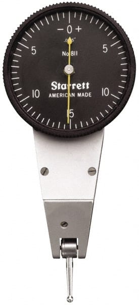 Starrett - 0.03 Inch Range, 0.0005 Inch Dial Graduation, Horizontal Dial Test Indicator - 1-3/8 Inch Black Dial, 0-15-0 Dial Reading - Exact Tooling