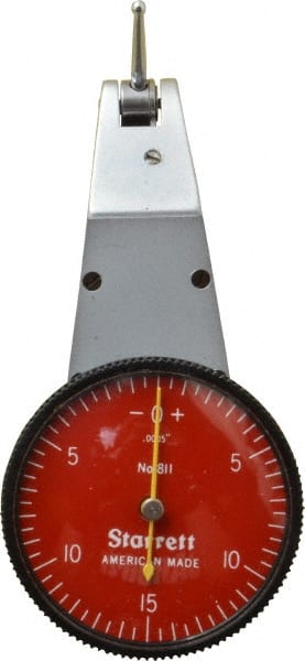 Starrett - 0.03 Inch Range, 0.0005 Inch Dial Graduation, Horizontal Dial Test Indicator - 1-3/8 Inch Red Dial, 0-15-0 Dial Reading - Exact Tooling
