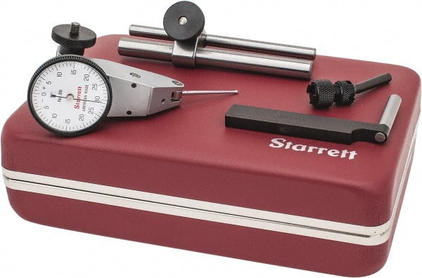 Starrett - 7 Piece, 0" to 0.06" Measuring Range, 1-3/8" Dial Diam, 0-30-0 Dial Reading, White Dial Test Indicator Kit - 1-5/16" Contact Point Length, 2mm Ball Diam, 0.001" Dial Graduation - Exact Tooling