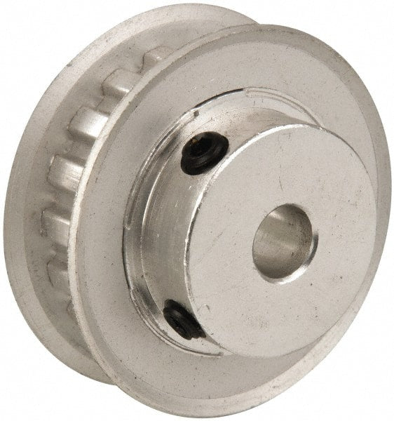 Power Drive - 18 Tooth, 1/4" Inside x 1-1/8" Outside Diam, Hub & Flange Timing Belt Pulley - 1/4" Belt Width, 1.146" Pitch Diam, 0.438" Face Width, Aluminum - Exact Tooling