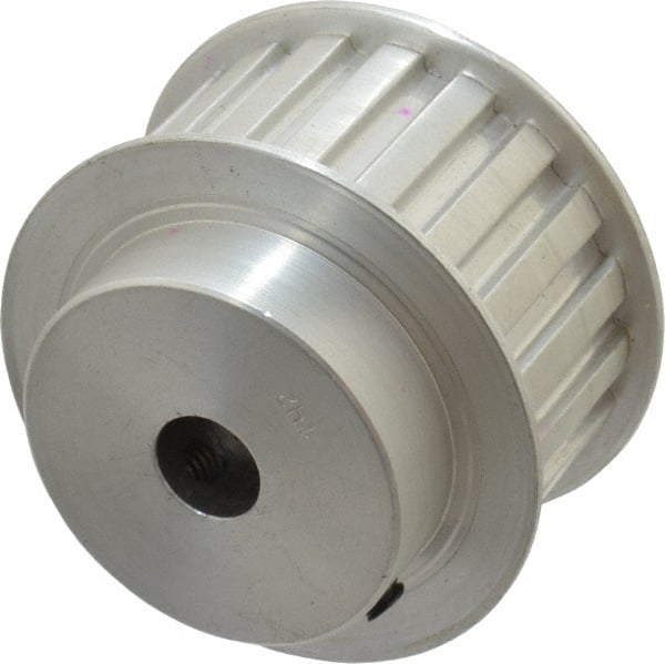 Power Drive - 20 Tooth, 1/2" Inside x 2.357" Outside Diam, Hub & Flange Timing Belt Pulley - 1" Belt Width, 2.387" Pitch Diam, 1-1/4" Face Width, Aluminum - Exact Tooling
