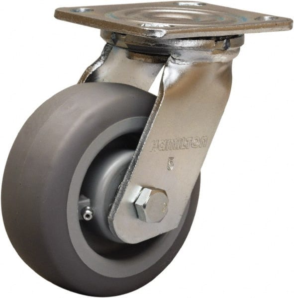 Hamilton - 5" Diam x 2" Wide x 6-1/2" OAH Top Plate Mount Swivel Caster - Rubber Mold on Polyolefin, 350 Lb Capacity, Straight Roller Bearing, 4 x 4-1/2" Plate - Exact Tooling