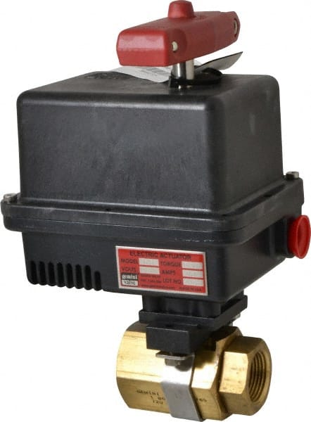 Gemini Valve - 1" Pipe, 720 psi WOG Rating Brass Electric Actuated Ball Valve - Reinforced PTFE Seal, Standard Port, Threaded (NPT) End Connection - Exact Tooling
