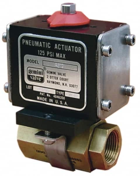 Gemini Valve - 3/8" Pipe, 720 psi WOG Rating Brass Pneumatic Double Acting with Solenoid Actuated Ball Valve - Reinforced PTFE Seal, Full Port, Threaded (NPT) End Connection - Exact Tooling