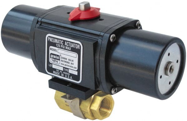 Gemini Valve - 1/2" Pipe, 720 psi WOG Rating Brass Pneumatic Spring Return with Solenoid Actuated Ball Valve - Reinforced PTFE Seal, Standard Port, Threaded (NPT) End Connection - Exact Tooling