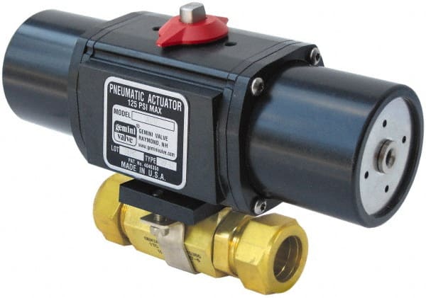Gemini Valve - 1/4" Pipe, 1,000 psi WOG Rating Brass Pneumatic Spring Return with Solenoid Actuated Ball Valve - Reinforced PTFE Seal, Full Port, TYLOK (Compression) End Connection - Exact Tooling