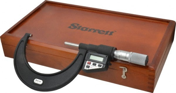 Starrett - 3 to 4" Range, 0.0001" Resolution, Standard Throat, Electronic Outside Micrometer - 0.0002" Accuracy, Friction Thimble, Micro Lapped Carbide Face, CR2450 Battery, Data Output, Includes 3V Battery - Exact Tooling