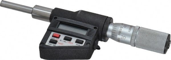 Starrett - 0 to 25mm Range, 1/4" Spindle Diameter, 2-1/4" Spindle Length, 6-3/16 OAL, Flat Spindle Electronic Micrometer Head - 0.00005" Resolution, 0.0001" Accuracy, Friction Thimble, Carbide Measuring Face, Data Output - Exact Tooling