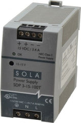 Sola/Hevi-Duty - 100 Watt, 4.2 to 3.4 Amp, 264 VAC, 375 VDC Input, 12 to 15 VDC Output, DIN Rail Power Supply - Screw Terminal Connection, 1 Output, 1.77 Inch Wide x 3.58 Inch Deep x 2.95 Inch High, Up to 86% Efficiency, 14 to 140°F, Green LED Display - Exact Tooling