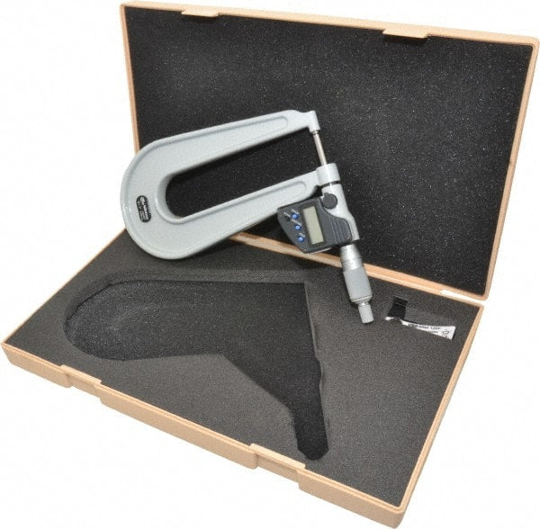 Mitutoyo - 0 to 1 Inch Range, 0.0001 Inch Resolution, Deep Throat, IP65 Electronic Outside Micrometer - 0.0002 Inch Accuracy, 6.3 Inch Throat, Ratchet Stop Thimble, Carbide Face, SR44 Battery, Data Output, Includes Plastic Case - Exact Tooling