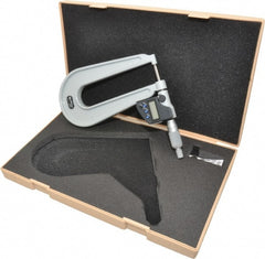 Mitutoyo - 0 to 1 Inch Range, 0.0001 Inch Resolution, Deep Throat, IP65 Electronic Outside Micrometer - 0.0002 Inch Accuracy, 6.3 Inch Throat, Ratchet Stop Thimble, Carbide Face, SR44 Battery, Data Output, Includes Plastic Case - Exact Tooling