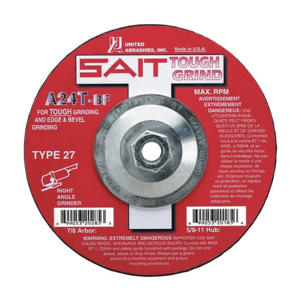 Sait - 24 Grit, 9" Wheel Diam, 1/4" Wheel Thickness, Type 27 Depressed Center Wheel - Aluminum Oxide, Resinoid Bond, T Hardness, 6,600 Max RPM, Compatible with Angle Grinder - Exact Tooling