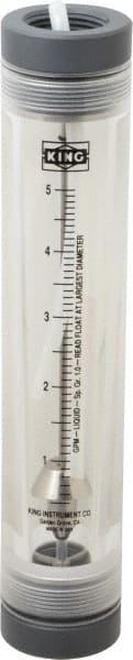King - 1" FNPT Port Tube Flowmeter - 125 Max psi, 0.5 to 5 GPM, Acrylic - Exact Tooling