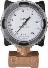 Made in USA - 1" NPT Port RCM Industries Flo-Gage Flowmeter - 180 Max psi, 3 to 20 GPM, Bronze - Exact Tooling