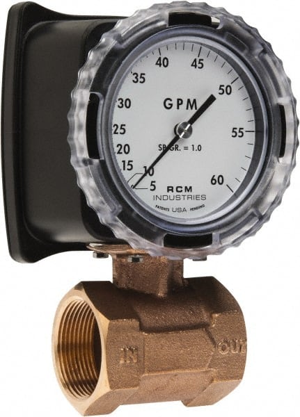 Made in USA - 1-1/2" NPT Port RCM Industries Flo-Gage Flowmeter - 180 Max psi, 5 to 60 GPM, Bronze - Exact Tooling
