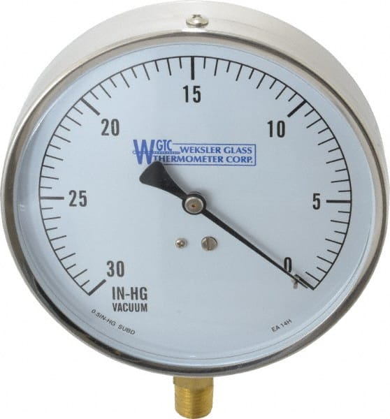 WGTC - 4-1/2" Dial, 1/4 Thread, 30-0 Scale Range, Pressure Gauge - Lower Connection Mount, Accurate to 1% of Scale - Exact Tooling