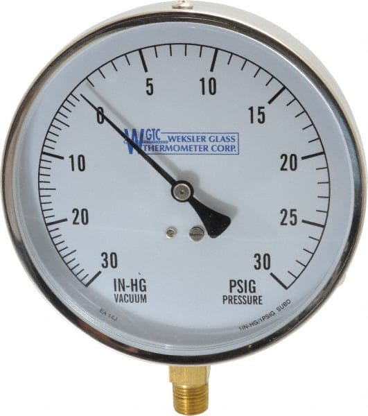 WGTC - 4-1/2" Dial, 1/4 Thread, 30-0-30 Scale Range, Pressure Gauge - Lower Connection Mount, Accurate to 1% of Scale - Exact Tooling