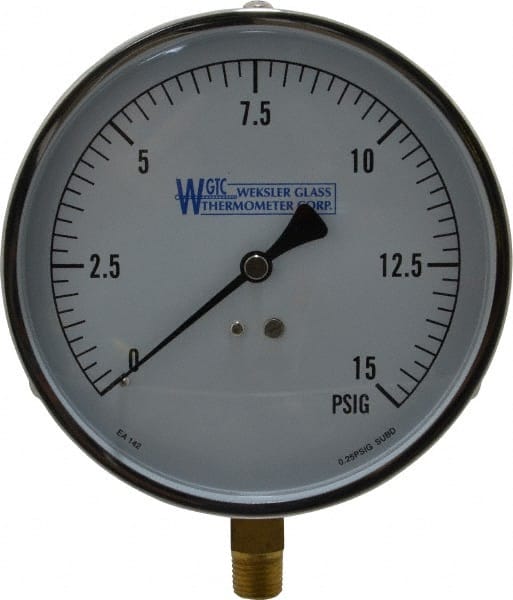 WGTC - 4-1/2" Dial, 1/4 Thread, 0-15 Scale Range, Pressure Gauge - Lower Connection Mount, Accurate to 1% of Scale - Exact Tooling