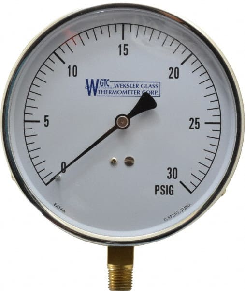 WGTC - 4-1/2" Dial, 1/4 Thread, 0-30 Scale Range, Pressure Gauge - Lower Connection Mount, Accurate to 1% of Scale - Exact Tooling