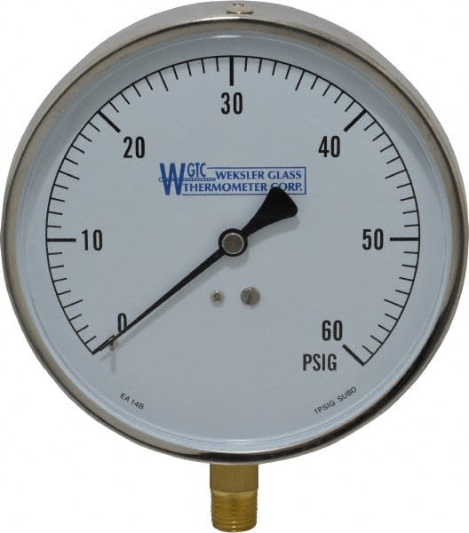 WGTC - 4-1/2" Dial, 1/4 Thread, 0-60 Scale Range, Pressure Gauge - Lower Connection Mount, Accurate to 1% of Scale - Exact Tooling