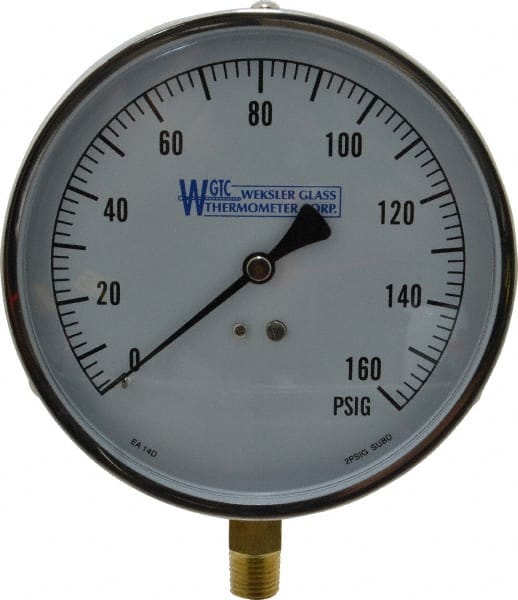 WGTC - 4-1/2" Dial, 1/4 Thread, 0-160 Scale Range, Pressure Gauge - Lower Connection Mount, Accurate to 1% of Scale - Exact Tooling